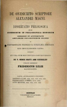 De Onesicrito scriptore Alexandri Magni