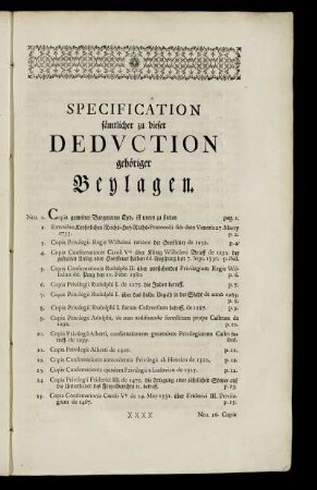 Specification sämtlicher zu dieser Deduction gehöriger Beylagen.