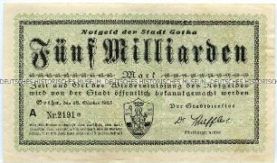 Notgeld der Stadt Gotha über Fünf Milliarden Mark