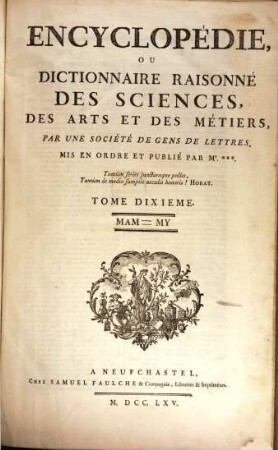 Encyclopédie Ou Dictionnaire Raisonné Des Sciences, Des Arts Et Des Métiers, 10. Mam - My