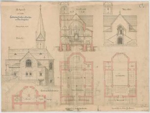Thiersch, August ; Berchtesgaden (Bayern); Ev. Pfarrkirche - Grundriss Souterrain, Grundriss EG, Grundriss OG, Ansichten, Schnitt
