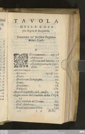 Tavola Delle Cose piu degne di Memoria, Contenute ne presenti Ragionamenti Ciuili.