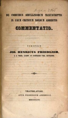 De codicibus Sibyllinorum manuscriptis in usum criticum nondum adhibitis commentatio