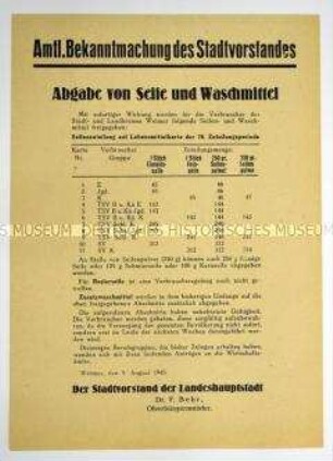 Amtliche Bekanntmachung des Stadtvorstandes von Weimar zur Zuteilung von Seife und Waschmittel