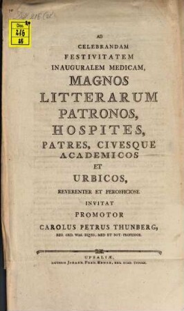 Ad celebr. festivitatem inaug. med. ... invitat Promotor Carol. Pet. Thunberg : [Programma pauca continens de peregrinatione natur. curiosor. S. Fahlberg et A. Afzelii]