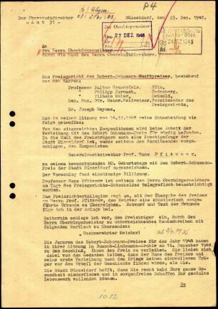 5-10-16-4.0000: Pfitzner, Professor Hans, Generalmusikdirektor, Komponist; diverse Schreiben ff.: Sitzungsniederschrift betr. Verleihung des Robert-Schumannn-Preises