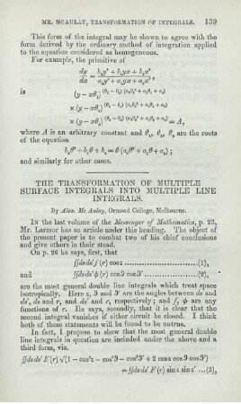 The transformation of multiple surface integrals into multiple line integrals.