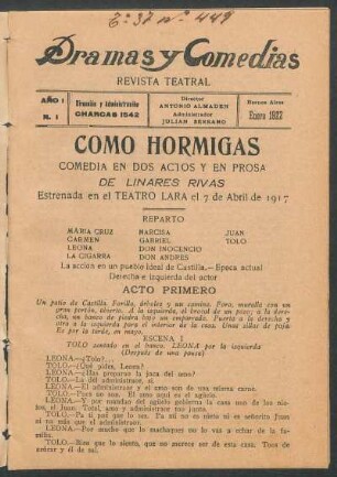 1922000100: Como hormigas : comedia en dos actos