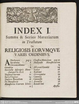 Index I. Summa & Series Materiarum In Tractatum De Religiosis Eorumque Variis Ordinibus