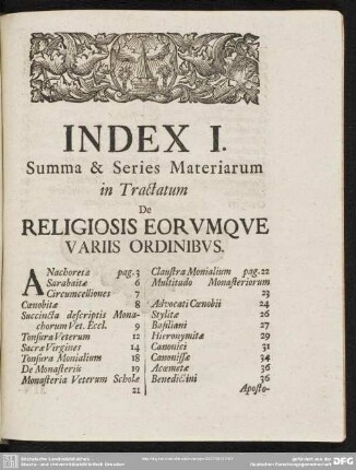 Index I. Summa & Series Materiarum In Tractatum De Religiosis Eorumque Variis Ordinibus