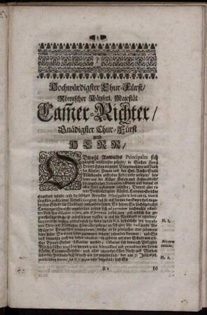 Hochwürdigster Chur-Fürst/ Römischer Käyserl. Majestät Camer-Richter/ Gnädigster Chur-Fürst und Herr/ ...