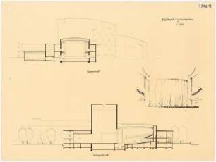 Stadttheater, Gelsenkirchen: (Lichtpause von Inv.Nr. 35908): Querschnitt, Längsschnitt, Perspektivische Ansicht Bühne 1:200