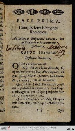 Pars Prima: Complectens Elementa Rhetoricæ