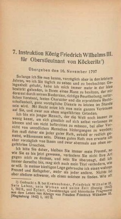 7. Instruktion König Friedrich Wilhelms III. für Oberstleutnant von Köckeritz. Übergeben den 16. November 1797