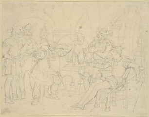 Zu Shakespeares "König Heinrich IV.", Teil 1, Blatt 4, 2. Akt, 4. Szene: In der Taverne erfindet Falstaff eine Geschichte, Prinz Heinrich offenbart die Wahrheit