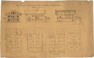 Thiersch, August ; Unterwössen (Bayern); Wohnhaus Heigenhauser - Lageplan, Grundrisse, Ansichten, Schnitt