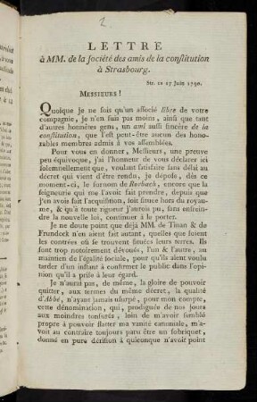 Lettre à Mm. de la société des amis de la constitution à Strasbourg : Str. ce 27 Juin 1790