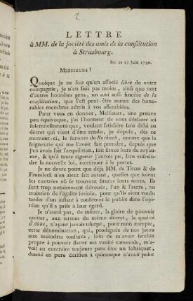 Lettre à Mm. de la société des amis de la constitution à Strasbourg : Str. ce 27 Juin 1790
