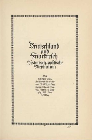 Deutschland und Frankreich. Historisch-politische Meditation