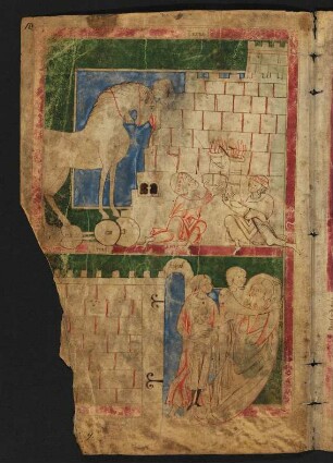 Miniatur: Flucht des Eneas mit Ascanius und Anchises aus dem brennenden Troja