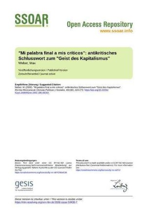 "Mi palabra final a mis críticos": antikritisches Schlusswort zum "Geist des Kapitalismus"