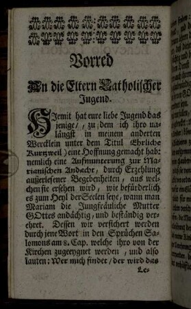 Vorred An die Eltern Catholischer Jugend.