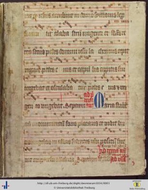 Deckel mit Fragmenten einer Pergament-Hs. des 15. Jhs: Antiphonale mit römischer Choralnotation auf 4 roten Linien.