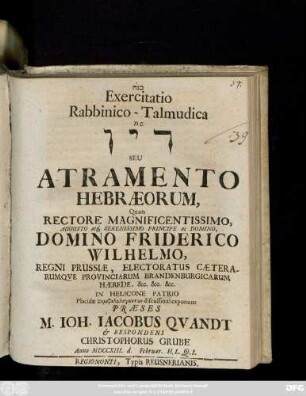 Exercitatio Rabbinico-Talmudica De ... Seu Atromento Hebræorum