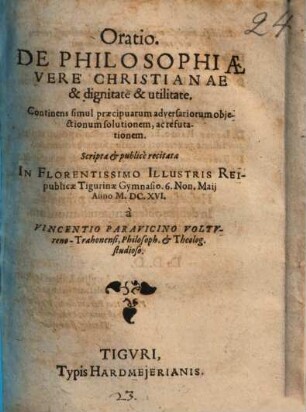 Oratio de philosophiae vere christianae et dignitate et utilitate