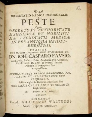 Dissertatio Medica Inauguralis De Peste