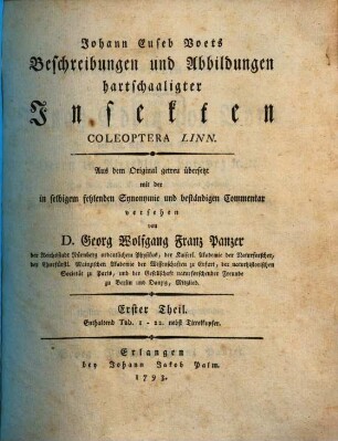 Johann Euseb. Voets Beschreibungen und Abbildungen hartschaaligter Insekten : Coleoptera Linn., [1,]1. [Text]