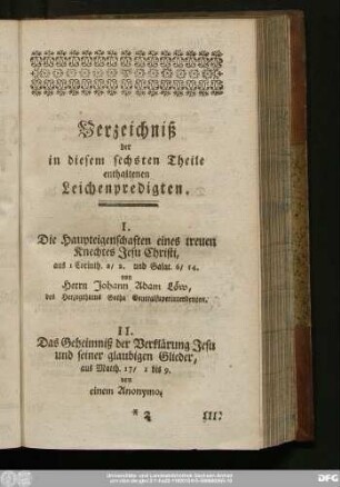 Verzeichniß der in diesem sechsten Theile enthaltenen Leichenpredigten.