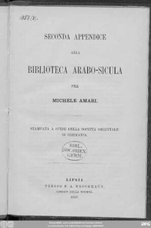 2. Appendice: Seconda Appendice alla Biblioteca arabo-sicula : stampata a spese della Societá Orientale di Germania