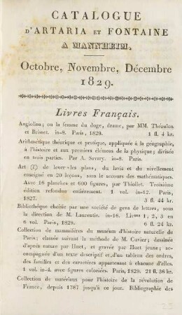 1829: Catalogue d'Artaria & Fontaine à Mannheim