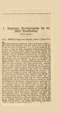 I. Allgemeine Provinzialgesetze für die Mark Brandenburg.