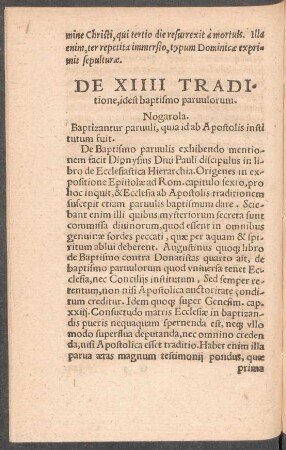 De XIIII Traditione, id est baptismo parvulorum.