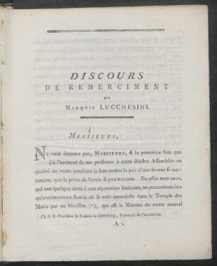 Discours De Remerciment Du Marquis Lucchesini