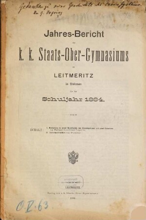 Jahresbericht des K.K. Staats-Ober-Gymnasiums zu Leitmeritz in Böhmen : für das Schuljahr ..., 1884