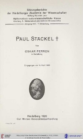 1920, 7. Abhandlung: Sitzungsberichte der Heidelberger Akademie der Wissenschaften, Mathematisch-Naturwissenschaftliche Klasse: Abteilung A, Mathematisch-physikalische Wissenschaften: Paul Stäckel