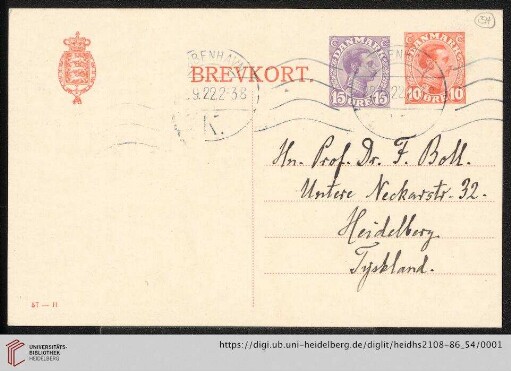 Briefe von Johan L. Heiberg an Franz Boll: Karte von Johan L. Heiberg an Franz Boll