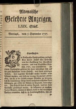 LXIX. Stück. Montags, vom 5 September 1757