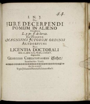 De Iure Decerpendi Pomum In Alieno Occasione L. 8. pr. ff. de Servit.