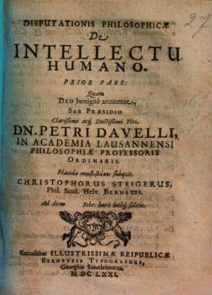 Disputationis Philosophicae De Intellectu Humano. Prior Pars