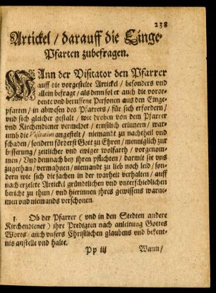 Artickel/ darauff die Eingepfarten zubefragen.