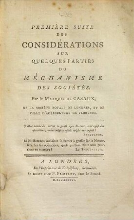 Premier suite des considérations sur quelques parties du mechanisme des sociétes
