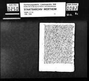 Kopie von StAWt-R US 1418 Dezember 3: Graf Michel von Wertheim auf der einen, Gottfried und Eberhard, Brüder, Herren zu Eppstein (Eppinstein), auf der anderen Seite errichten einen gemeinsamen Burgfrieden auf dem Breuberg (Bruberg).