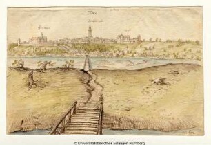 Blick auf die Stadt Enns, jenseits der überbrückten Enns (mit einer Insel)