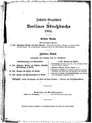 Inhalts= Verzeichniß des Berliner Adreßbuchs 1904