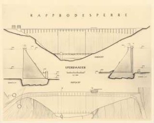Rappbodetalsperre, Harz: Sperrmauer, Ansicht, Aufsicht, Schnitte, 1:500