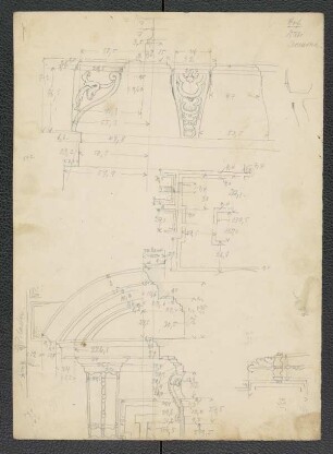 Palazzo Dati zu Cremona, Konsole (Hof), Fenster- oder Portalaufsatz vom Hof, Mittelpilaster, Schlussstein vom Portal, Kompositkapitell